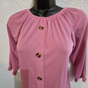 Vintage cottagecore Pleated Pink Blouse With‎ Button Front Closure